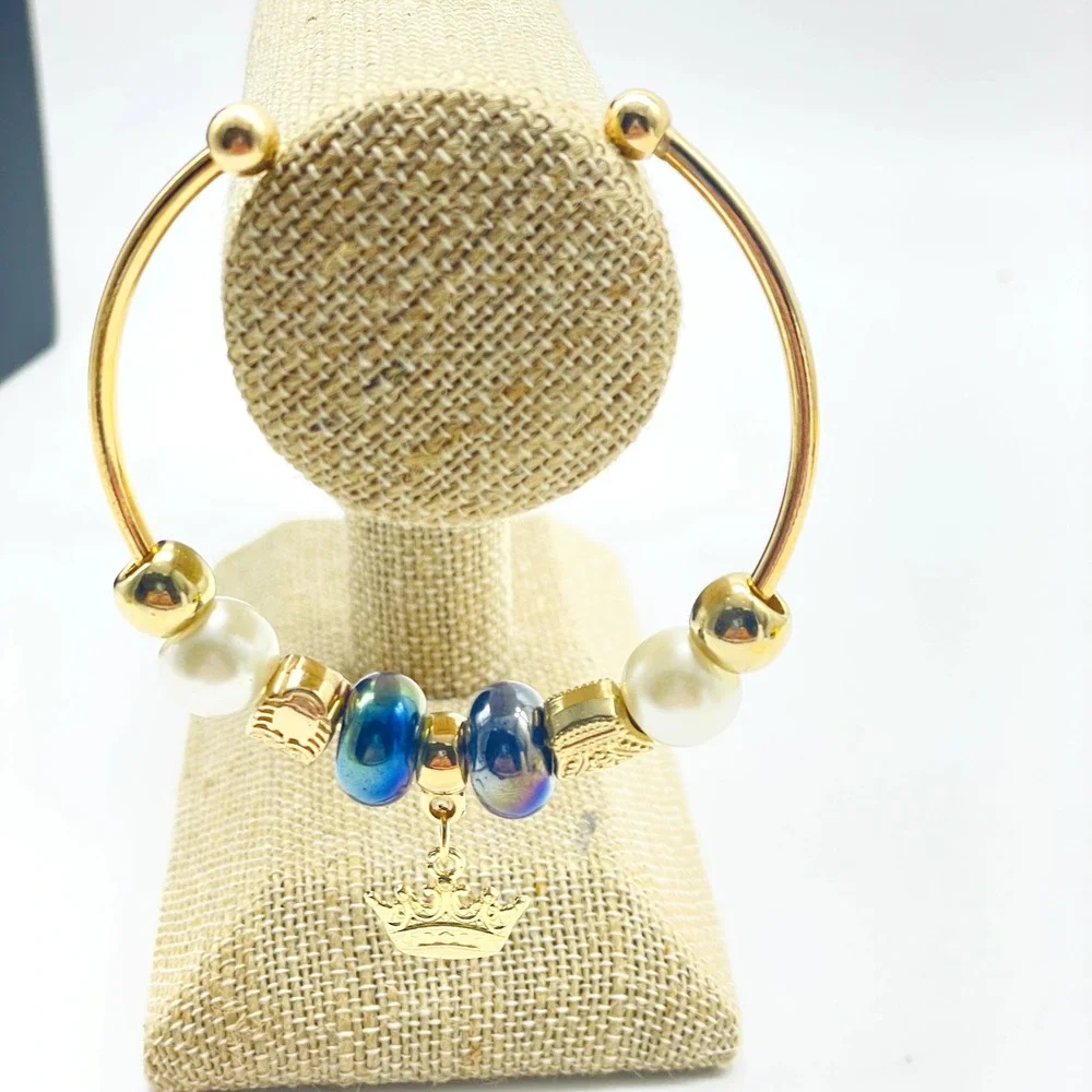 D'Bello Gold Tone Cuff Bracelet Blue Crystal Beads Crown Charm Adjustable NWT